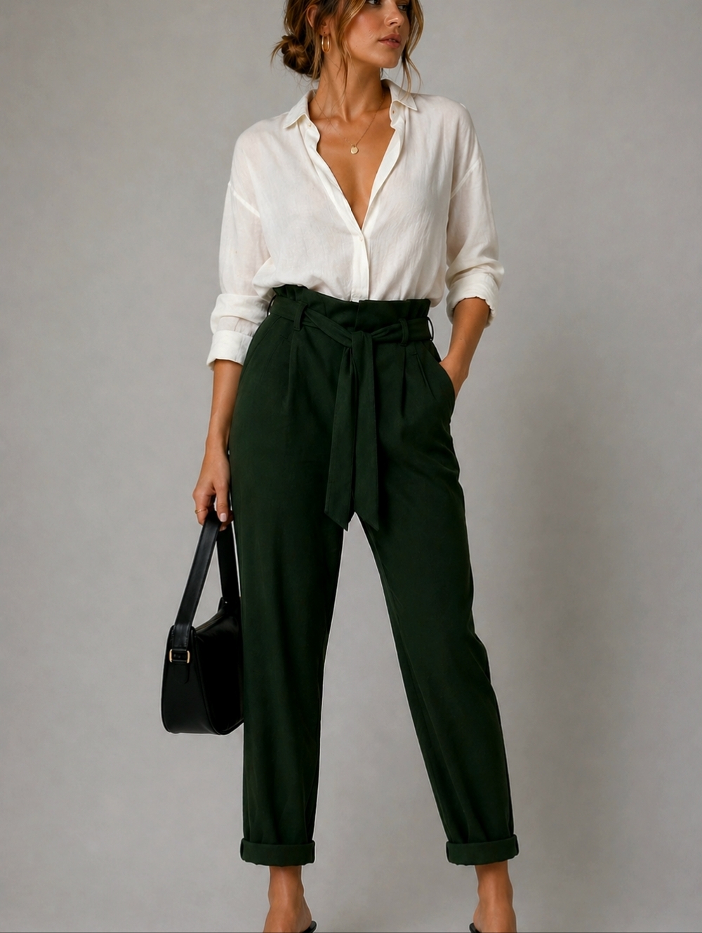 ZARA Paperbag Waist Trousers XS Forest Green High Rise Belted Pants Chic Office